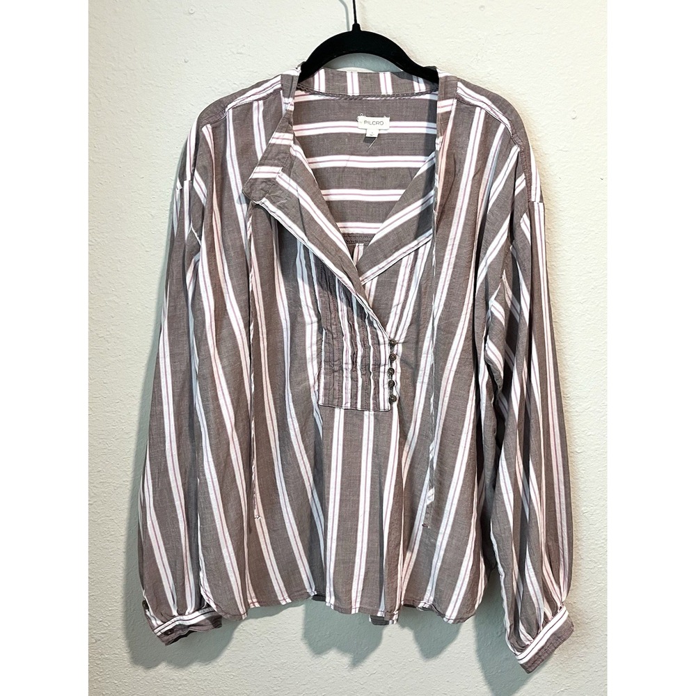 Anthropologie Pilcro Popover Top Size Large Striped Relaxed Boho Long Sleeve